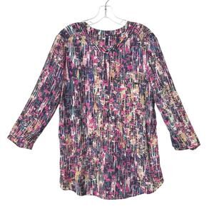 NYDJ Women’s XL 3/4 Sleeve Printed Pintucked Back Blouse Multicolor Print